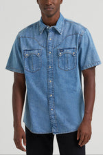 Wrangler Mens Vintage Sculpted Yoke Denim Shirt buy at boltranchstore.com western wear free shipping