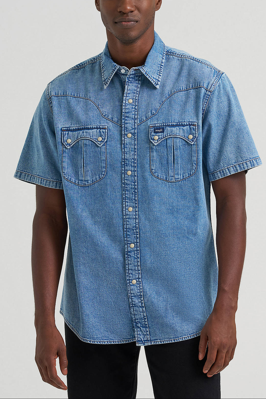 Wrangler Mens Vintage Sculpted Yoke Denim Shirt buy at boltranchstore.com western wear free shipping