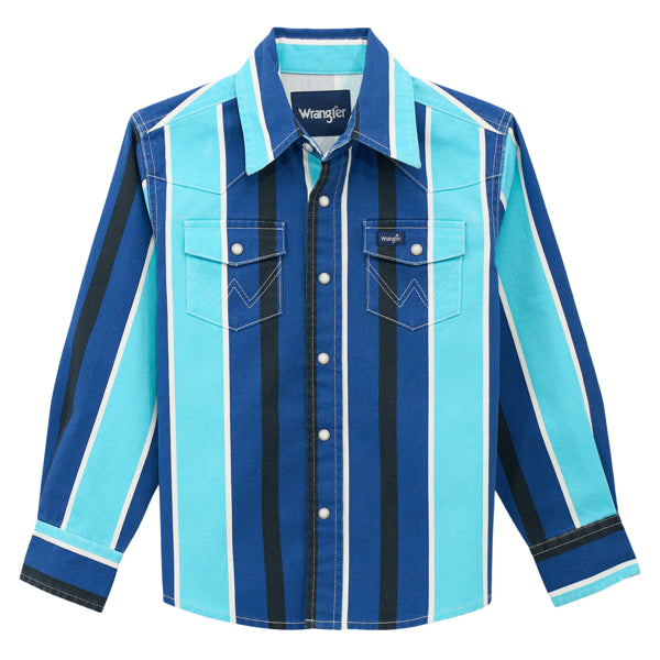 Wrangler West Boy Vintage Shirt 112379231 boys kids rodeo brush popper shirt long sleeve blue stripes Boltranchstore.com Free Shipping