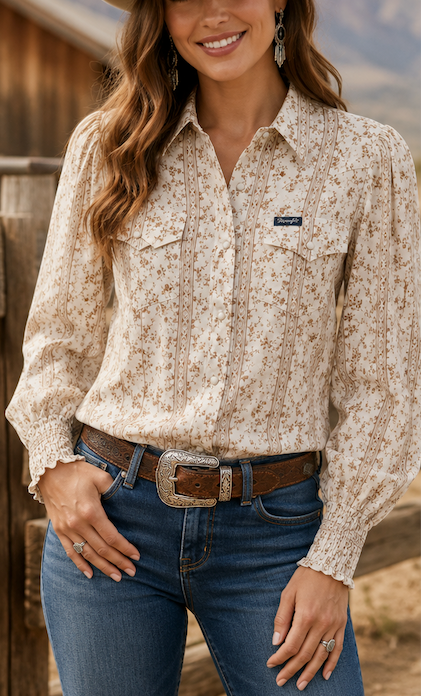 Wrangler Womens Americana Western Puff Sleeve Blouse 112382517 western fashion wrangler womens Boltranchstore.com