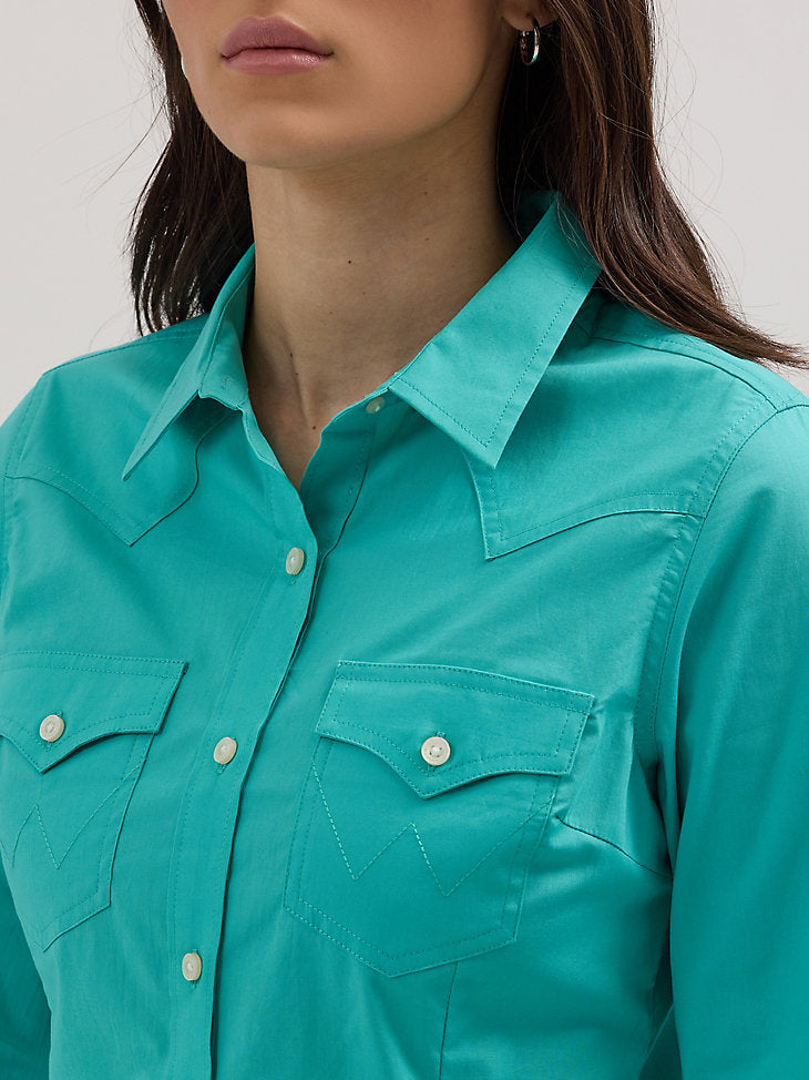 Wrangler Womens Aqua Button Down Shirt