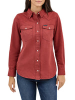 Wrangler Womens Burgandy Denim Snap long sleeve Shirt with two snap down pockets available at boltranchstore.com