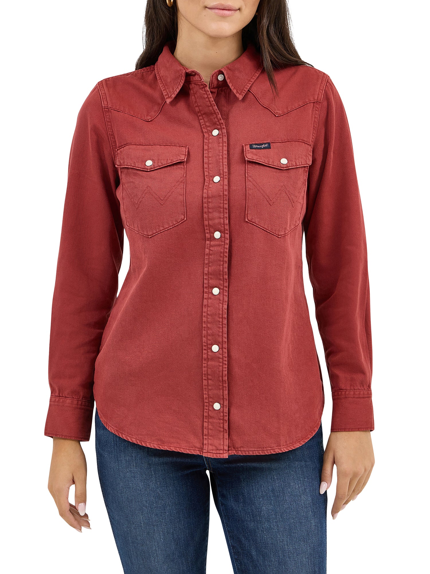 Wrangler Womens Burgandy Denim Snap long sleeve Shirt with two snap down pockets available at boltranchstore.com