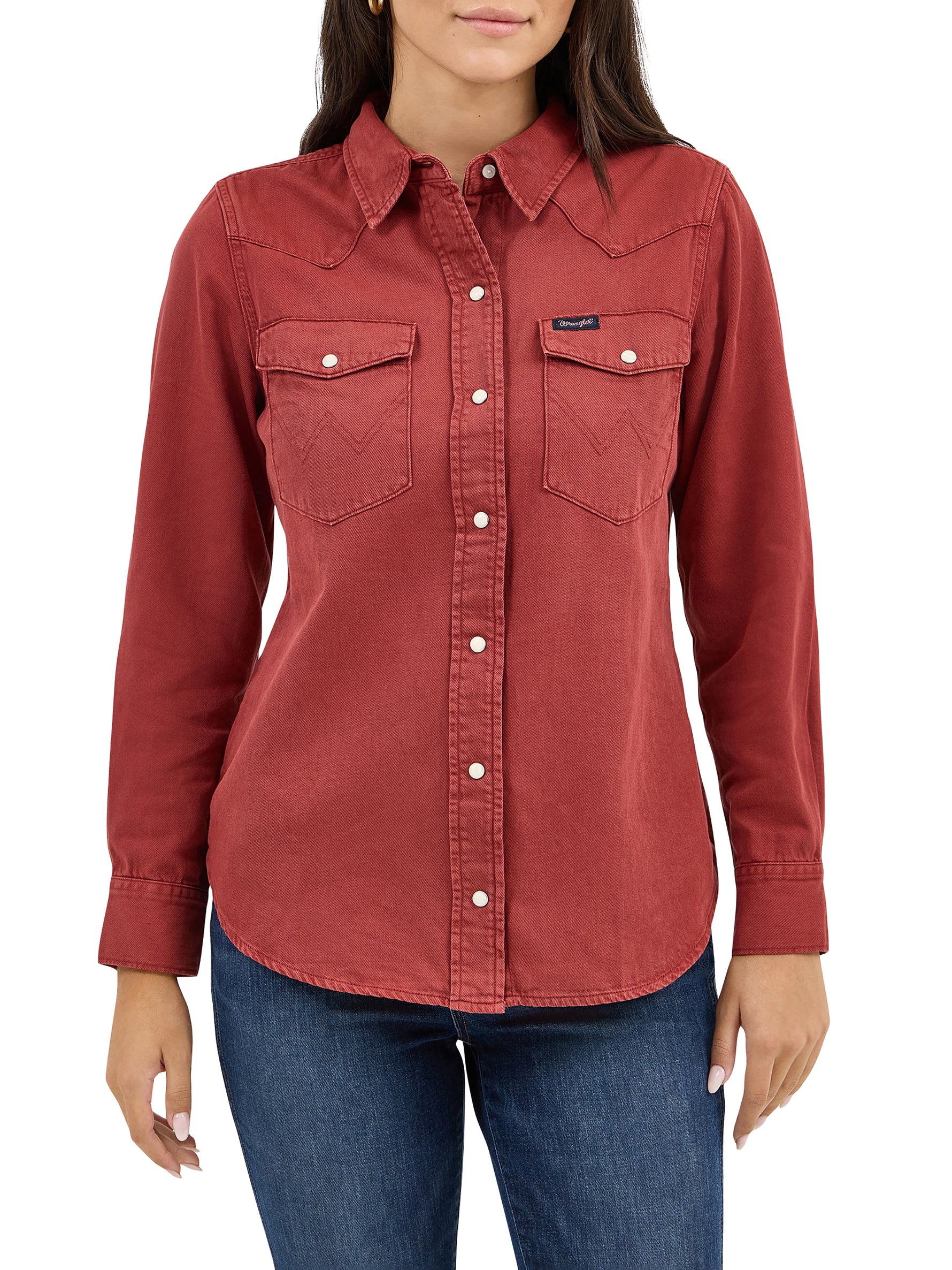 Wrangler Womens Burgandy Denim Snap long sleeve Shirt with two snap down pockets available at boltranchstore.com