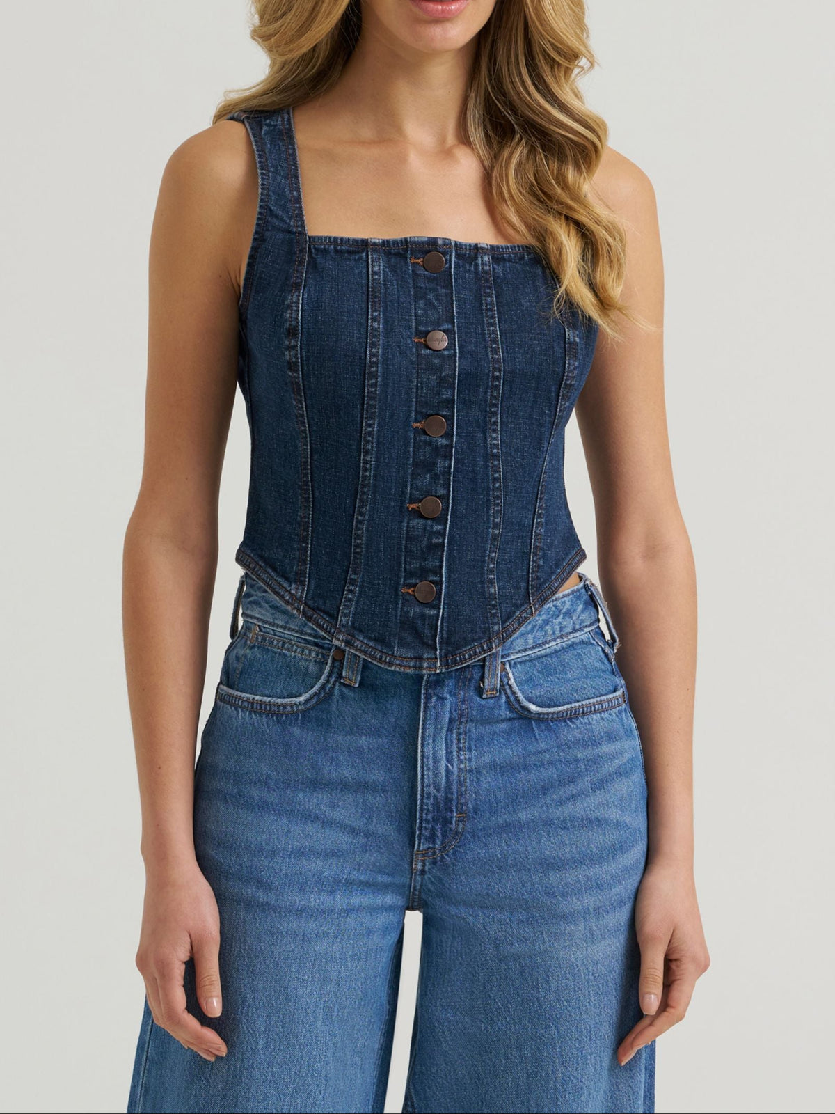 Wrangler Womens Bustier Denim Vest Dark Denim slim fit silhouette with square neckline western fashion