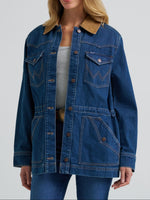 Wrangler Womens Denim Cinched Waist Barn Jacket longline silhouette with adjustable cinched elastic waist womens fashion western clothing Wrangler Womens Denim Cinched Waist Barn Jacket SKU 112382730 