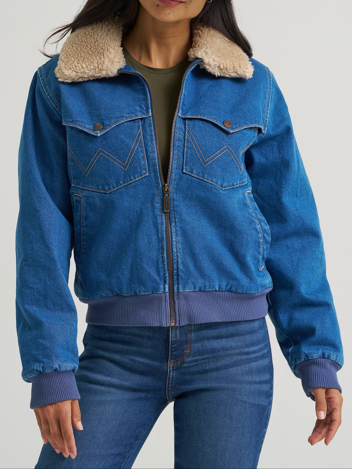 Wrangler Womens Denim Sherpa Lined Bomber Jacket in medium blue denim 100 percent cotton womens western boutique Utah SKU 112382738