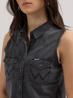Wrangler Womens Frayed Denim Crop Snap Tank available at boltranchstore.com for your western wardrobe.