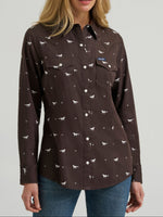 Wrangler Womens Olivia Western Slim Snap Shirt Horses Cocoa cocoa brown horse print western snap shirt in a cotton polyester and lyocell blend womens western boutique Utah SKU 112385310