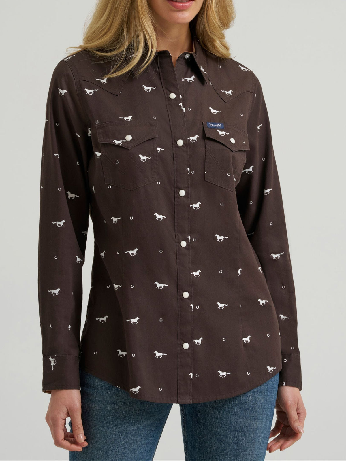Wrangler Womens Olivia Western Slim Snap Shirt Horses Cocoa cocoa brown horse print western snap shirt in a cotton polyester and lyocell blend womens western boutique Utah SKU 112385310