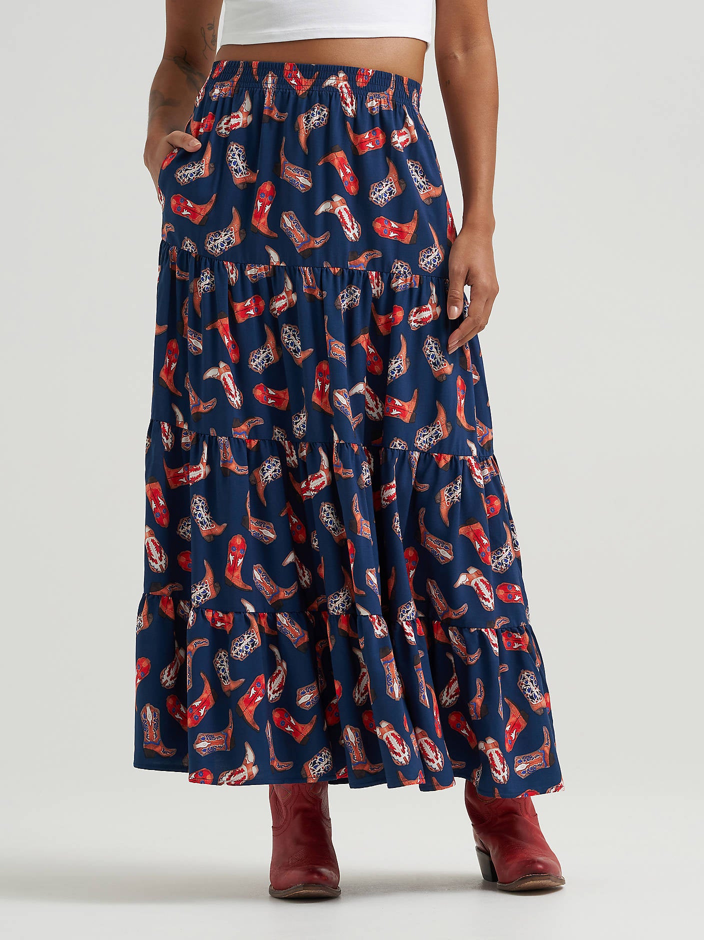 Wrangler Womens Printed Tiered Maxi Skirt a tiered maxi skirt in an elastic waist at boltranchstore.com