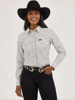 Wrangler Womens Retro Shimmer Stripe Shirt a collared snap up shirt and front button snap pocket long sleeve shirt available at boltranchstore.com