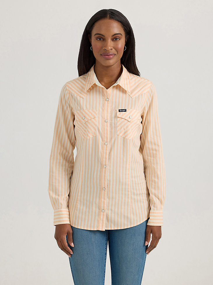 Wrangler Womens Striped Peach Snap Shirt
