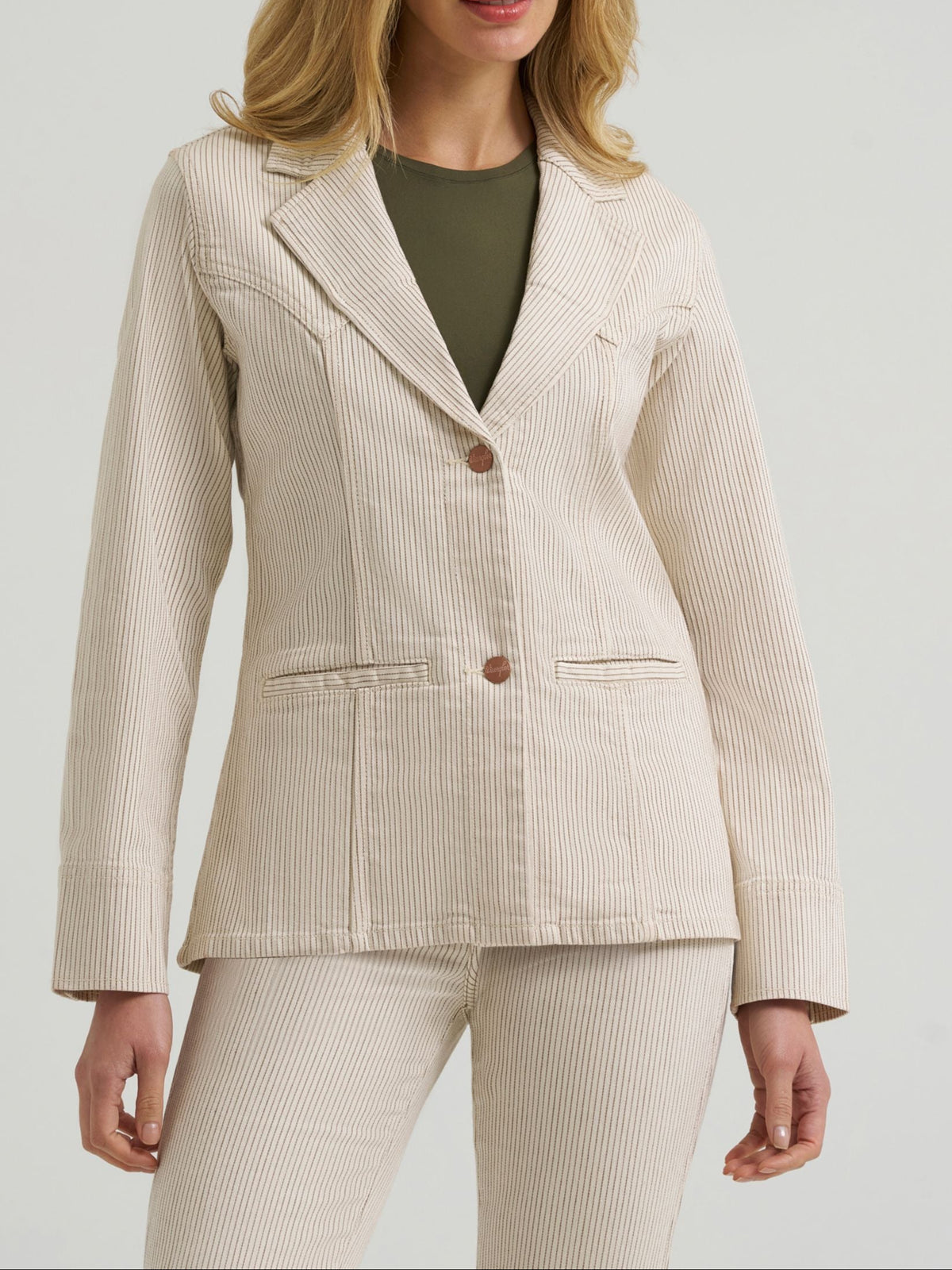 Wrangler Womens Western Pinstripe Blazer Cream regular fit with long sleeves and a hip length cut western fashion