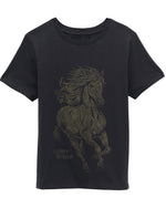 A black short-sleeve t-shirt featuring a distressed graphic of a galloping horse in olive green, with the text 'Lainey Wilson' printed below it