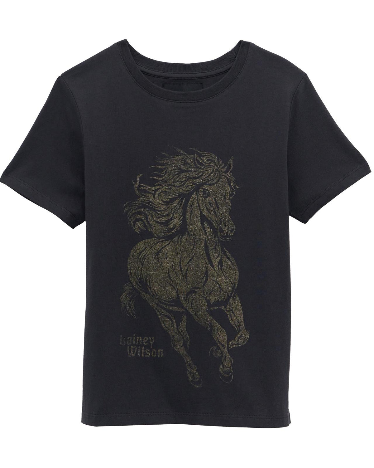 A black short-sleeve t-shirt featuring a distressed graphic of a galloping horse in olive green, with the text 'Lainey Wilson' printed below it