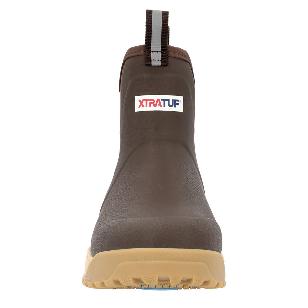 XTRATUF Mens Ice Fleece Lined Ankle Deck Boot Dark Brown rounded toe and logo badge at the collar western fashion