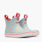 XTRATUF Kids Ankle Deck Boot at boltranchstore.com in A pair of rain boots in light blue with a yellow and pink floral pattern, featuring pink pull tabs and white soles in stock free shipping 