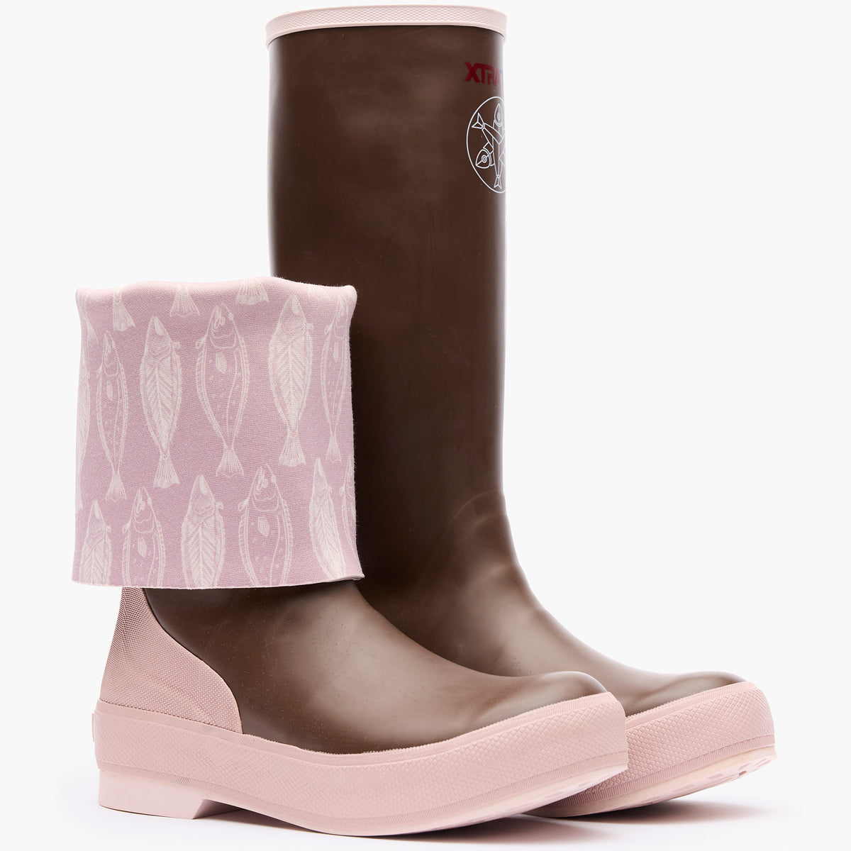 XTRATUF Womens Salmon Sisters Legacy Boot a brown neoprene boot with a salmon lining with a pink sole and reinforced heel available at boltranchstore.com