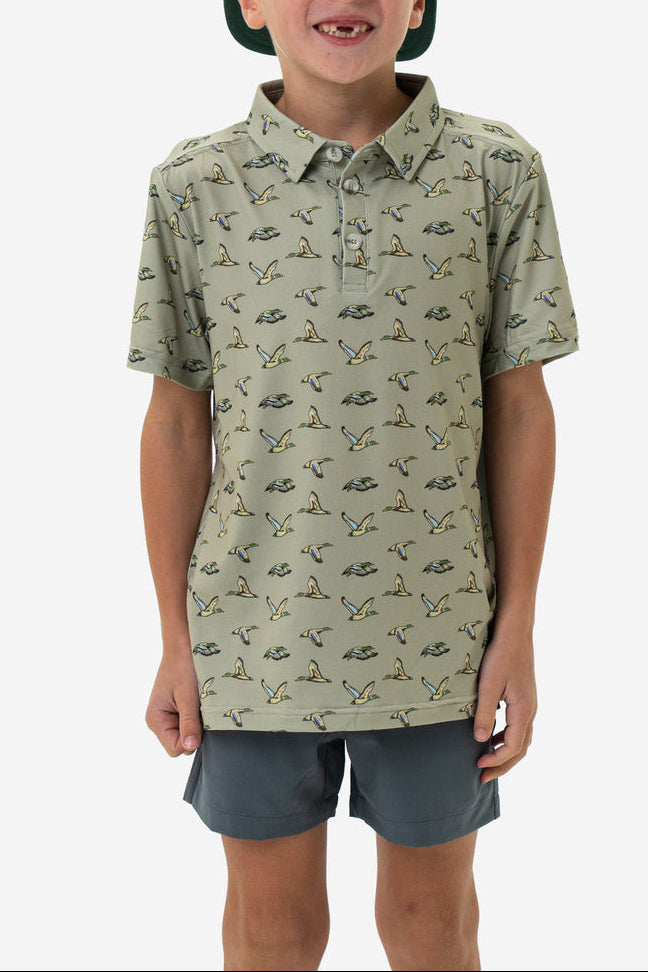 Burlebo Youth Performance Flying Duck Polo Y-PP-FD-GRN kids toddler boys duck camo green shirt top comfortable stretch Boltranchstore.com Free Shipping