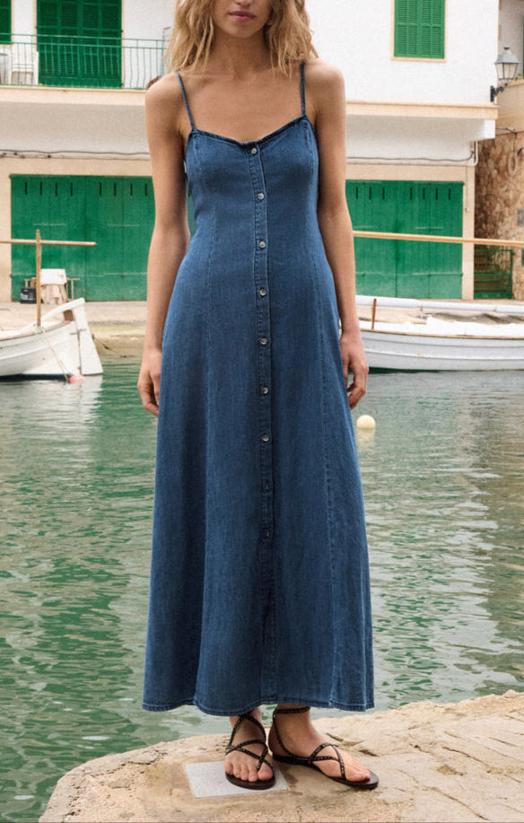 ZD253467 Angel Eyes Denim Midi Dress Medium Indigo womens spaghetti strap dress at Boltranchstore.com free shipping