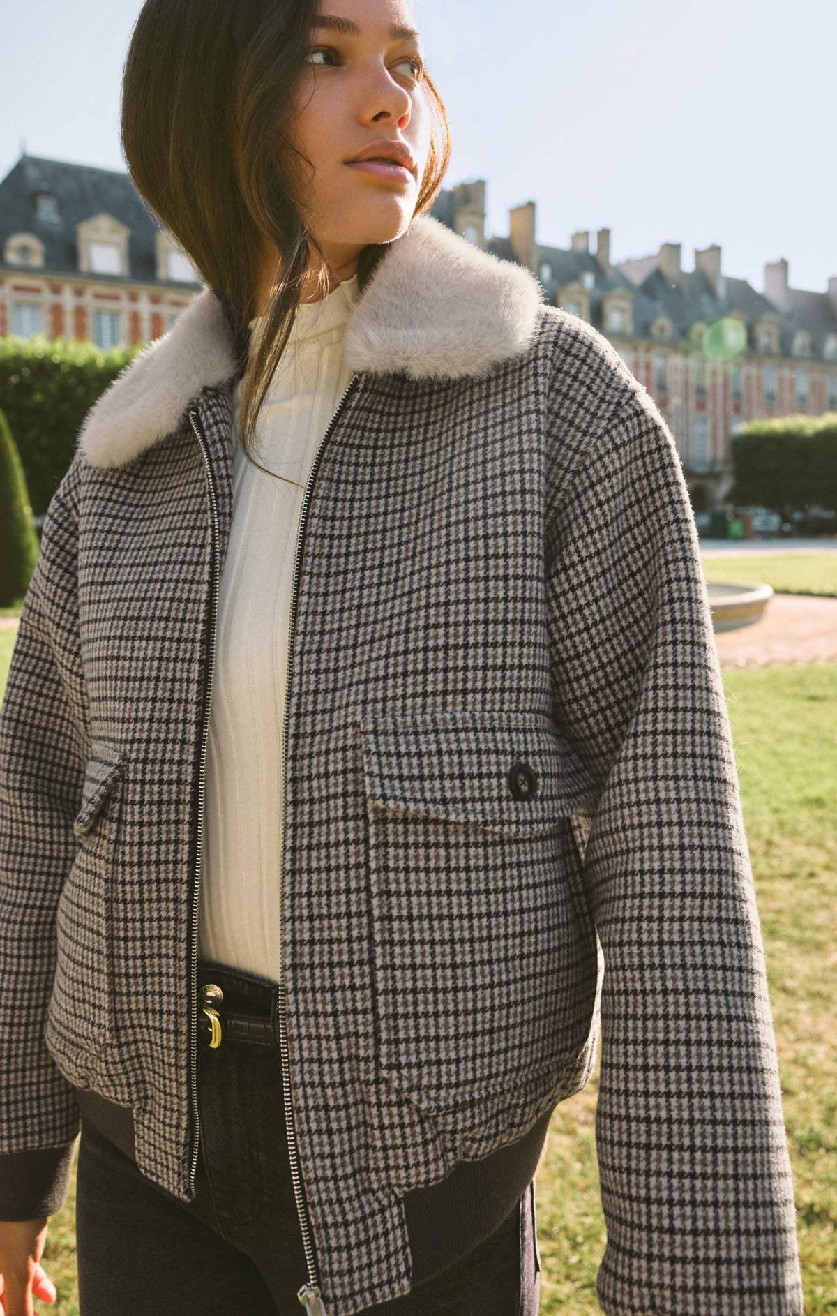 Z Supply Tavi Plaid Bomber Jacket easy bomber silhouette layered over denim for western fashion