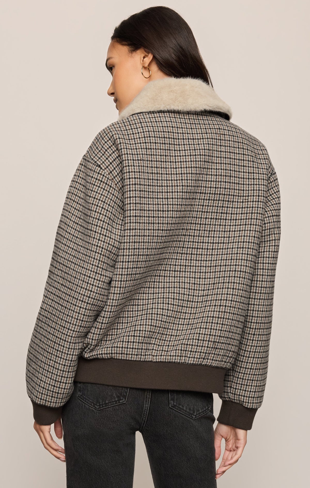 Z Supply Tavi Plaid Bomber Jacket chocolate rib trim at the collar cuffs and hem