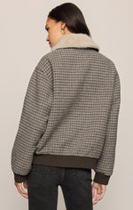 Z Supply Tavi Plaid Bomber Jacket chocolate rib trim at the collar cuffs and hem