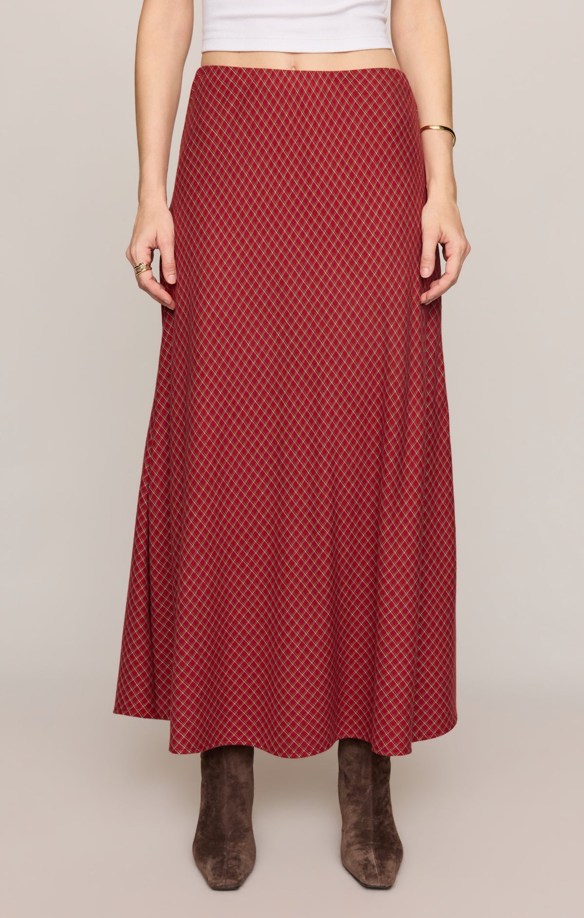 Z Supply Crestview Plaid Maxi Skirt Red Dahlia soft rayon flannel shirting with an easy drape