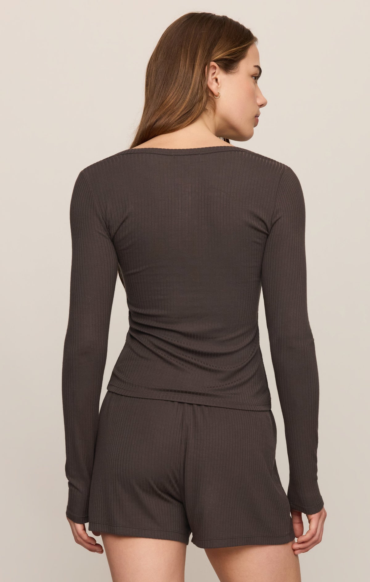 Z Supply Just Right Rib Henley Top Cocoa Bean shell buttons down the front placket womens western clothing