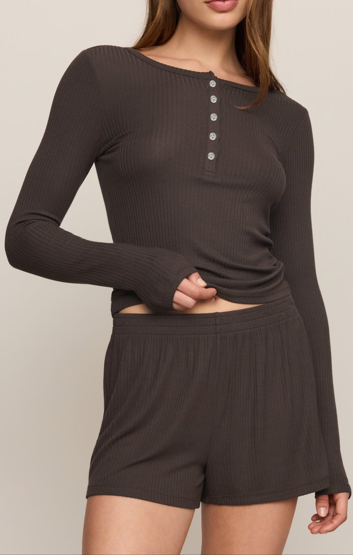 Z Supply Just Right Rib Henley Top Cocoa Bean cocoa bean whipped rib henley top womens western boutique Utah SKU ZLT263470SCEA