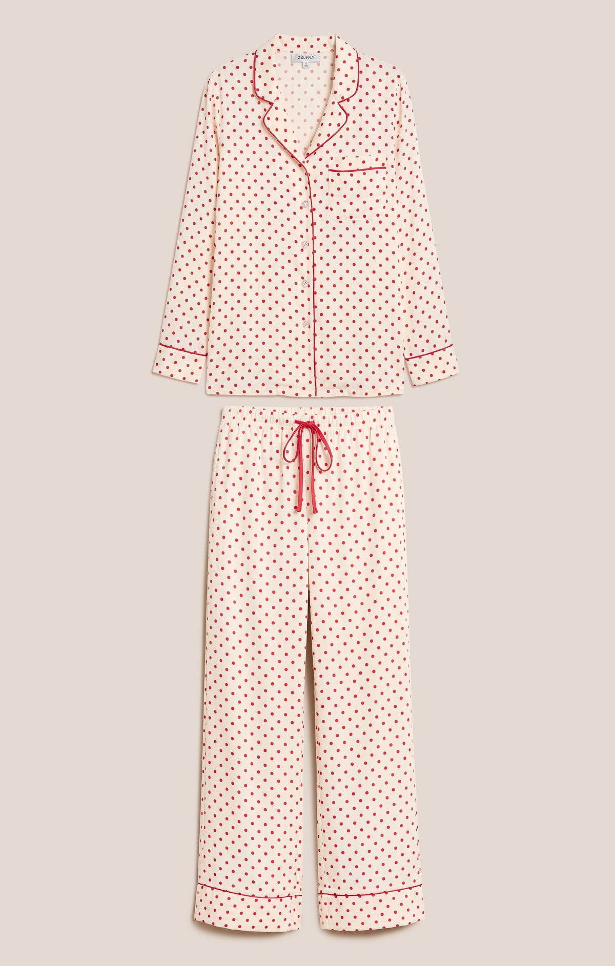 Z Supply Snuggle Dot Satin PJ Set dot print and contrast piping laid out as a complete set
