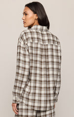 Z Supply River Plaid Button Up Cocoa Bean relaxed fit silhouette with long sleeves and curved hemline womens western clothing