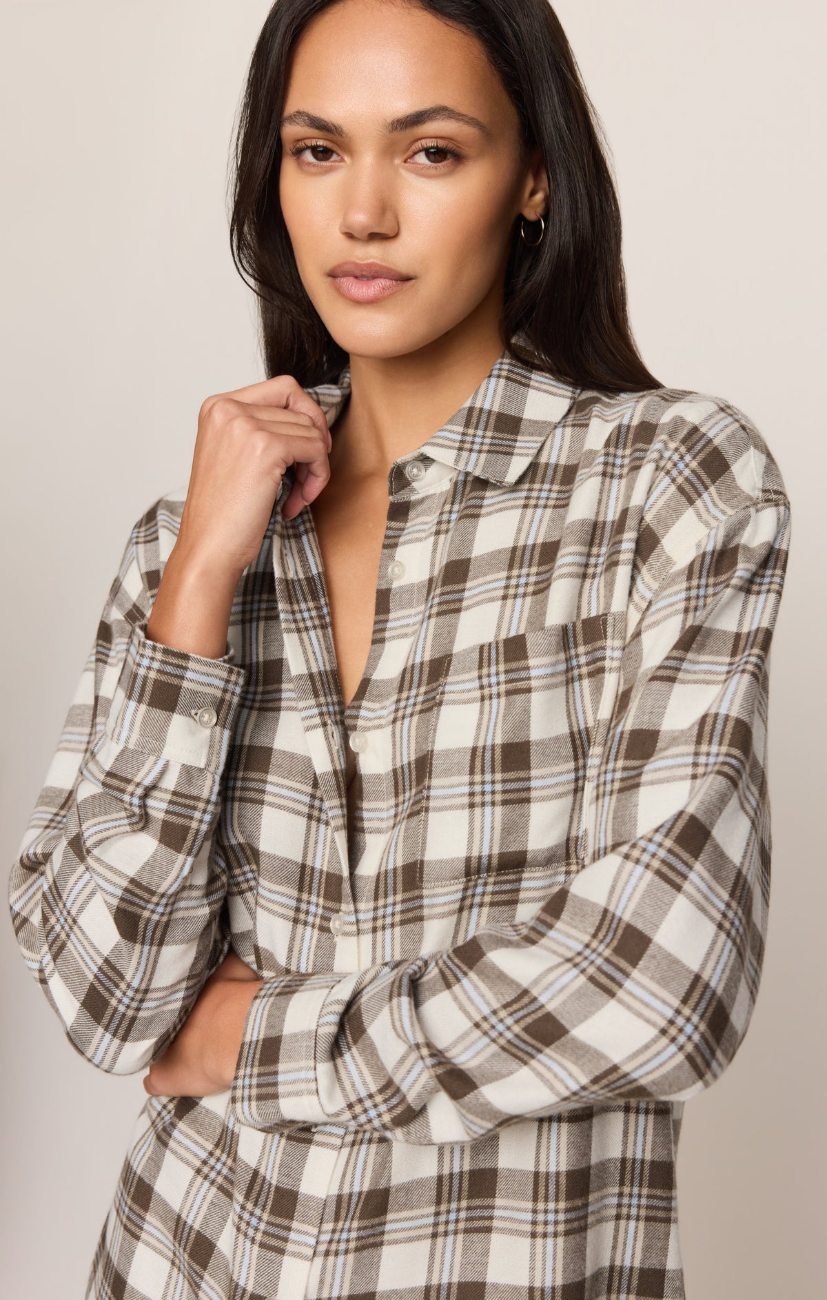 Z Supply River Plaid Button Up Cocoa Bean collared button front with chest pocket and soft washed finish ranch wear