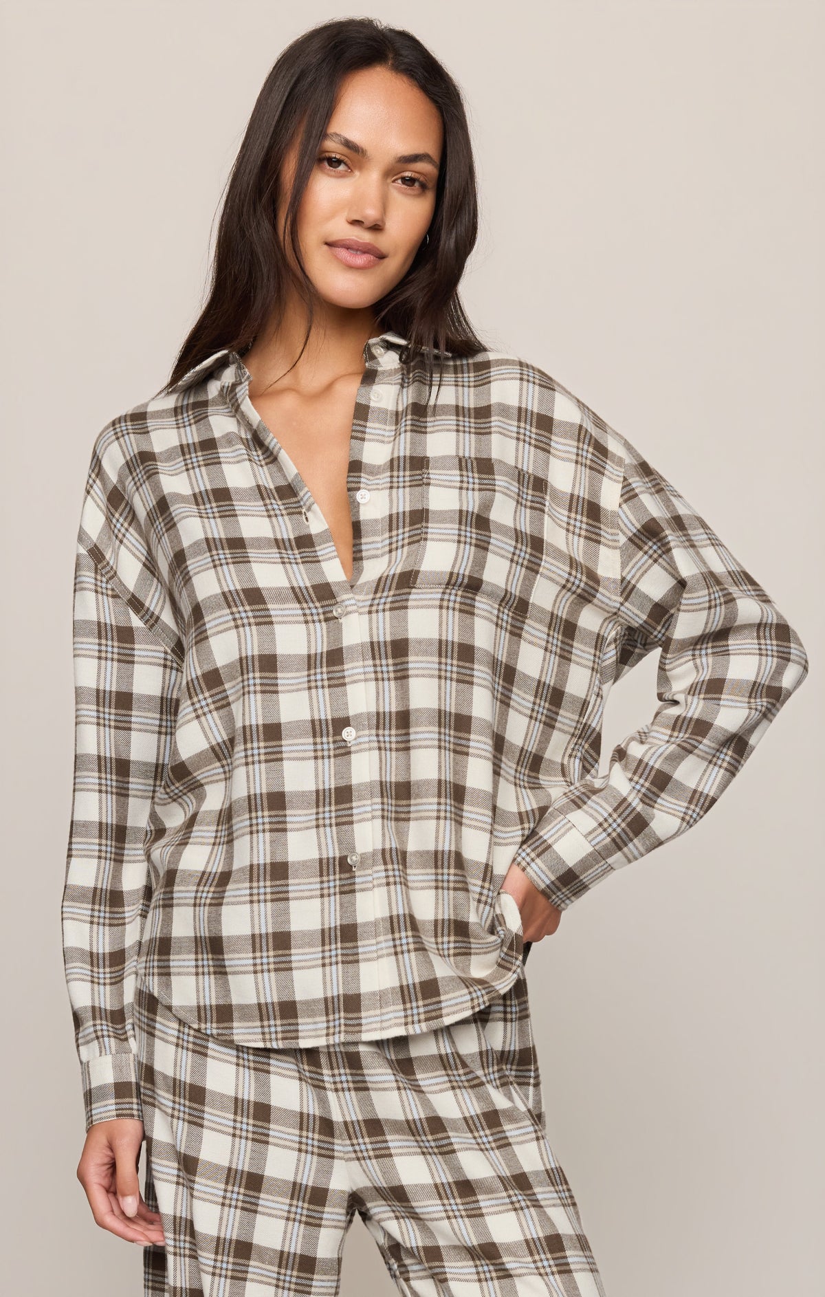 Z Supply River Plaid Button Up Cocoa Bean cocoa bean brown plaid lightweight flannel button up womens western boutique Utah SKU ZT253834