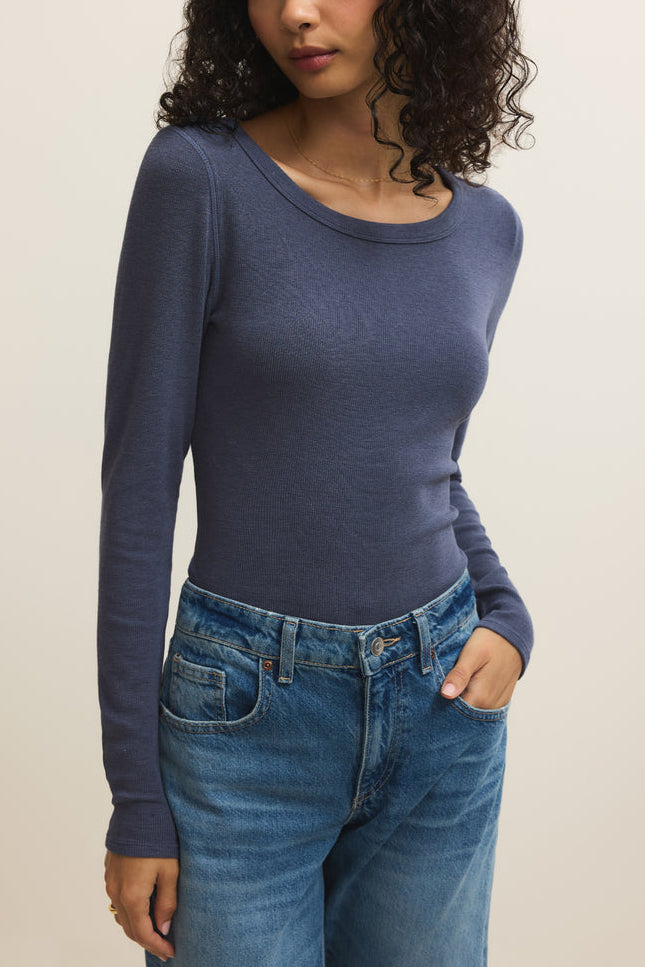 Z Supply Renae Slub Rib Long Sleeve Top womens indigo blue loungewear Boltranchstore.com Free Shipping ZT261522