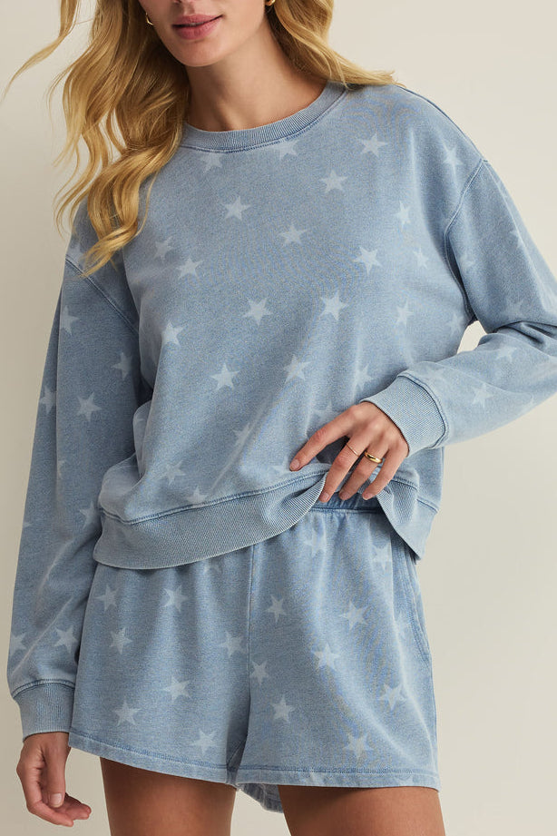 Z Supply Written Stars Denim Sweatshirt ZT262626 womens loungewear crewneck stars denim blue Boltranchstore.com Free Shipping