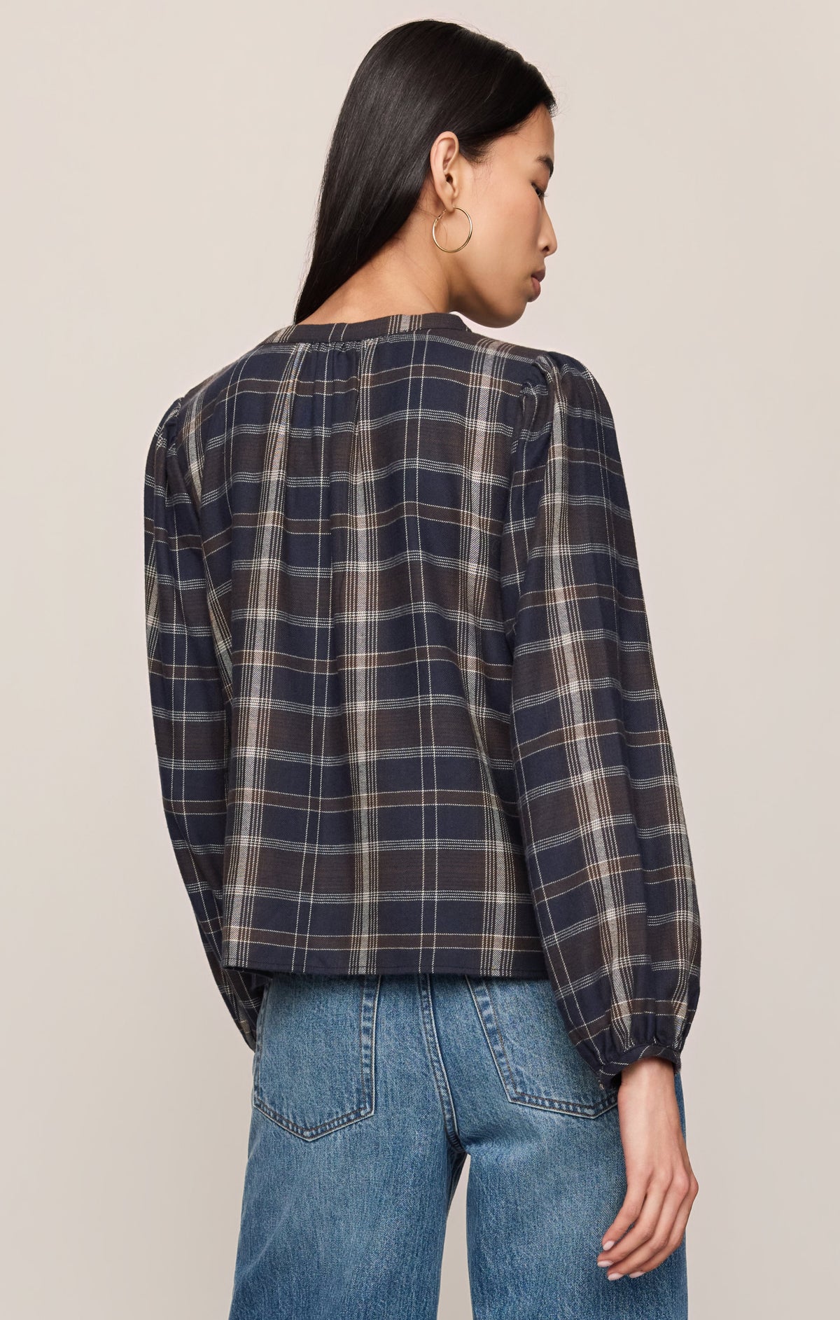 Z Supply Autumn Plaid Henley Blouse Eclipse mandarin collar above a button front placket womens western clothing