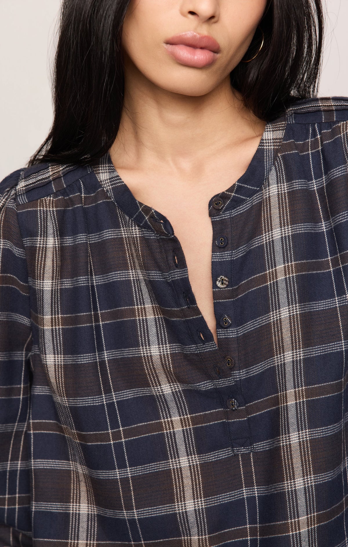 Z Supply Autumn Plaid Henley Blouse Eclipse button cuffs on long relaxed sleeves western fashion Kamas