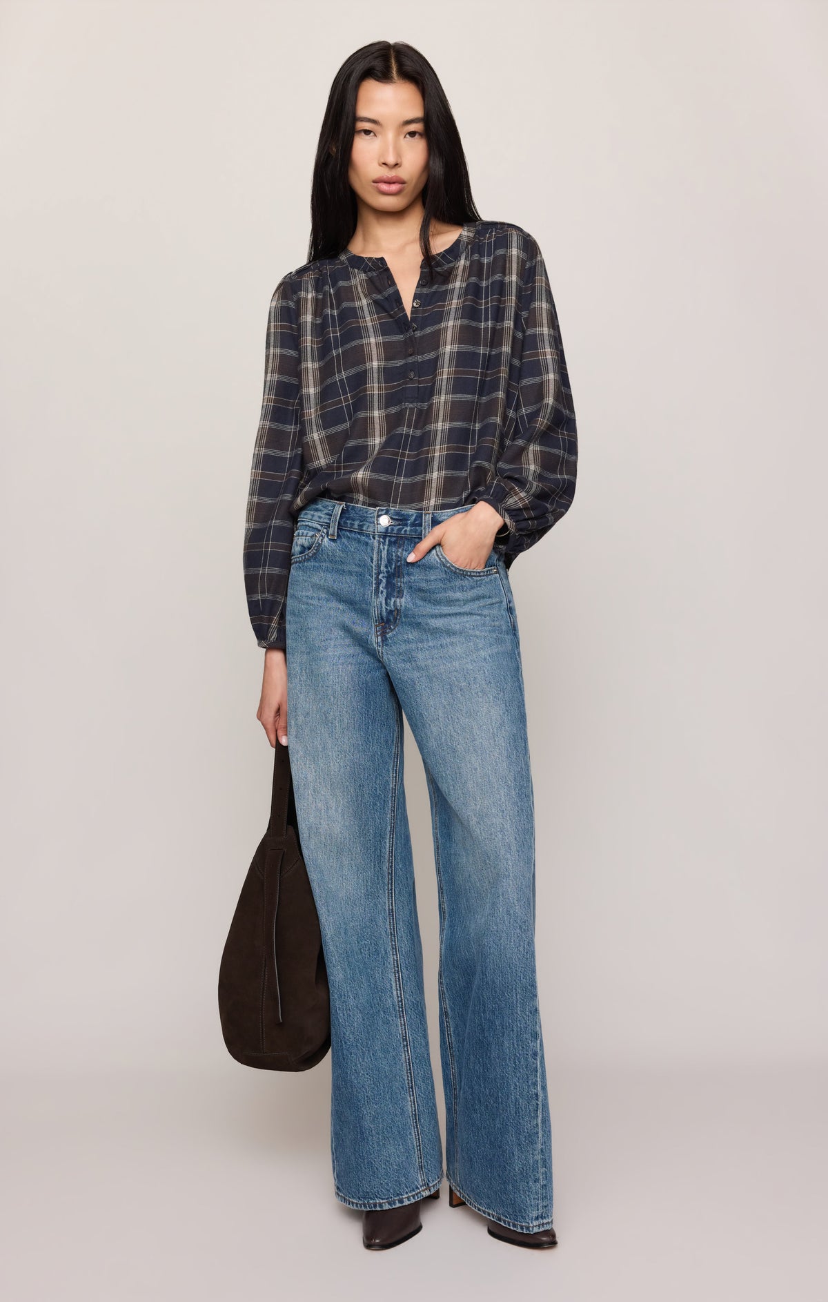 Z Supply Autumn Plaid Henley Blouse Eclipse soft draping rayon and polyester flannel shirting cowgirl style Park City