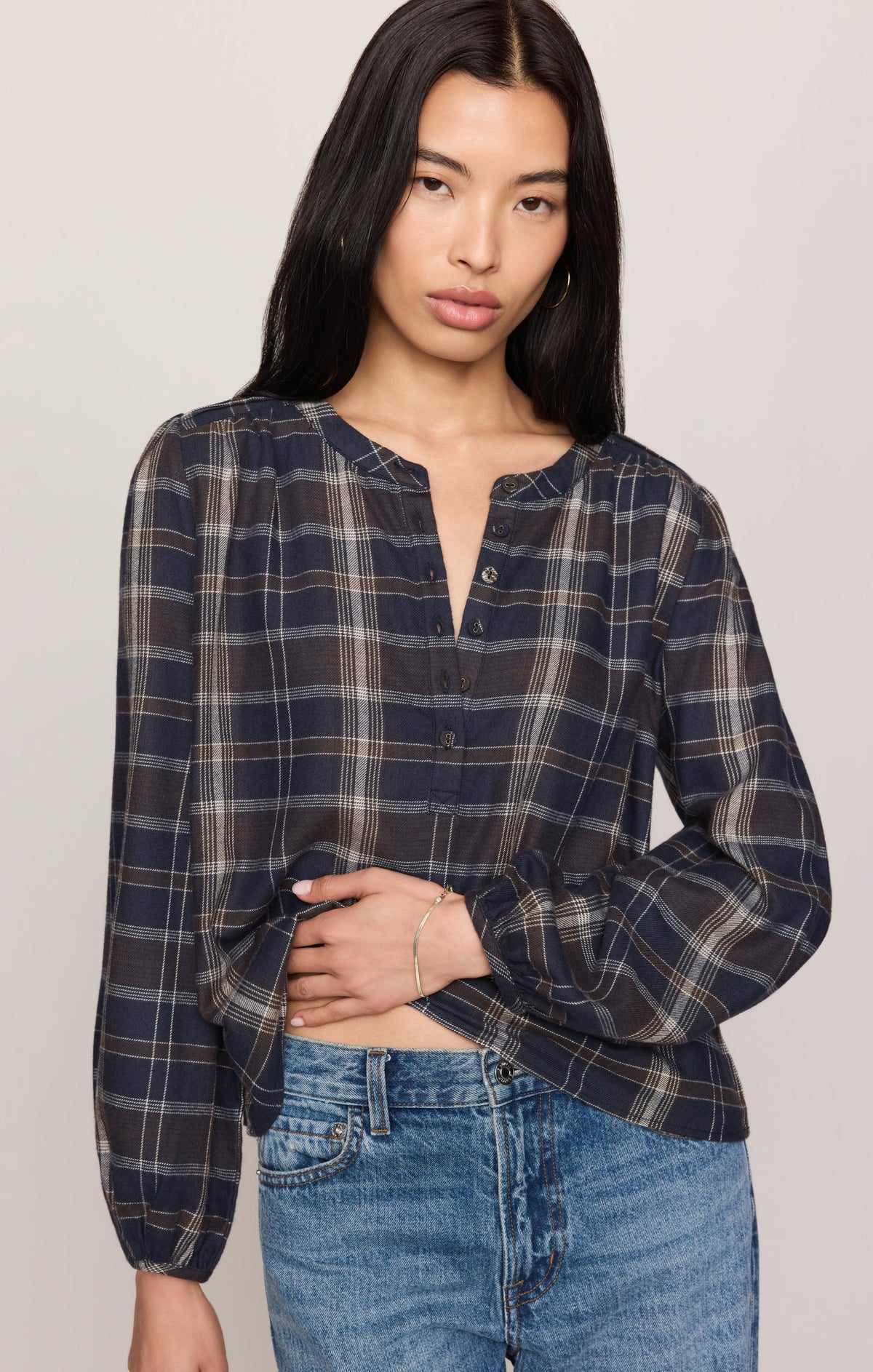 Z Supply Autumn Plaid Henley Blouse Eclipse timeless plaid pattern in the eclipse colorway western boutique Dupe