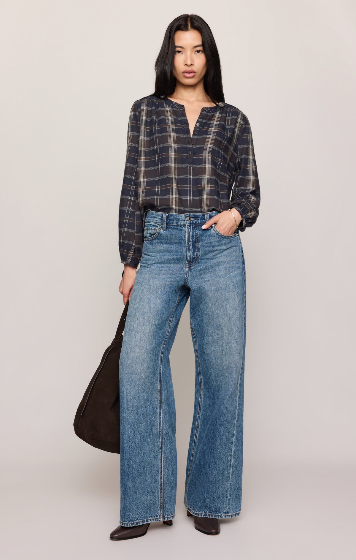 Z Supply Autumn Plaid Henley Blouse Eclipse pintuck detailing across the shoulders ranch wear