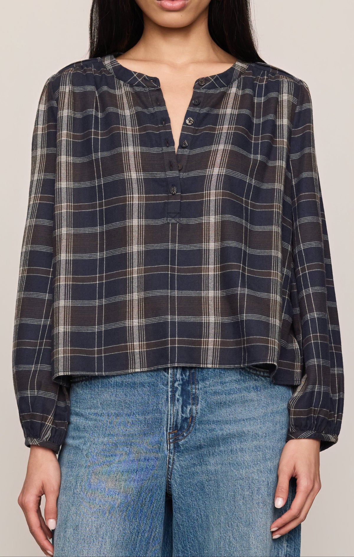 Z Supply Autumn Plaid Henley Blouse Eclipse eclipse plaid rayon flannel henley blouse womens western boutique Utah SKU ZT264735SECP