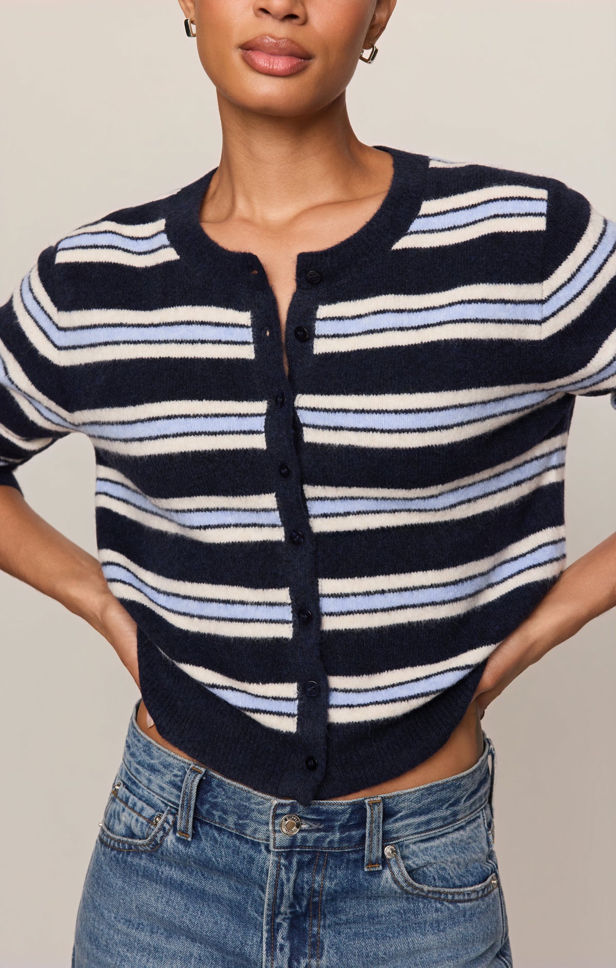 Z Supply Medina Cozy Stripe Cardigan button front closure running down the cardigan