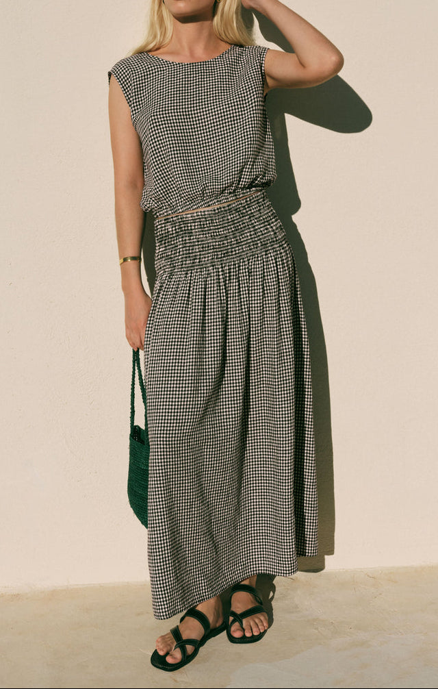 Z Supply Brooke Gingham Maxi Skirt at boltranchstore.com Woman wearing a checkered skirt in stock free shipping 