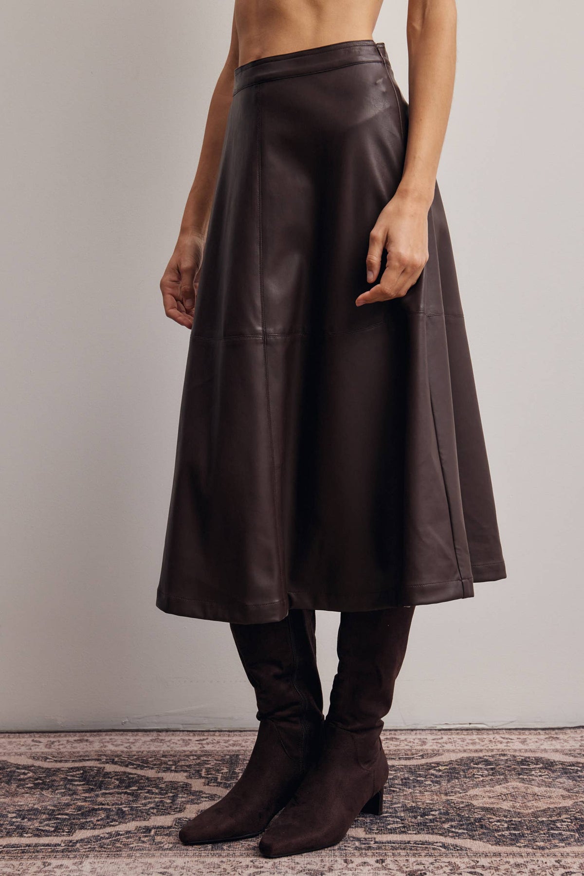 Utah womens western boutique western clothing Faux Leather A Line Midi Skirt Dark Brown SKU FSK0026DBR Boltranchstore.com free shipping