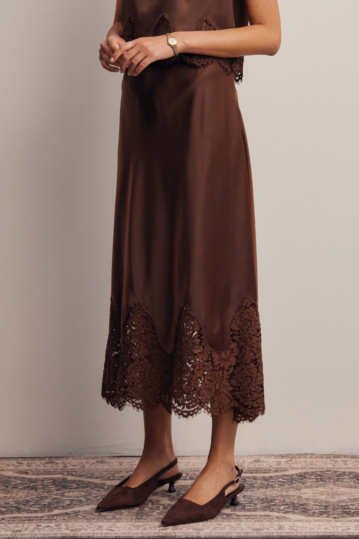 Listicle Stretch Satin Lace Trim Maxi Skirt Mocha soft sheen satin worn with pointed flats for evening