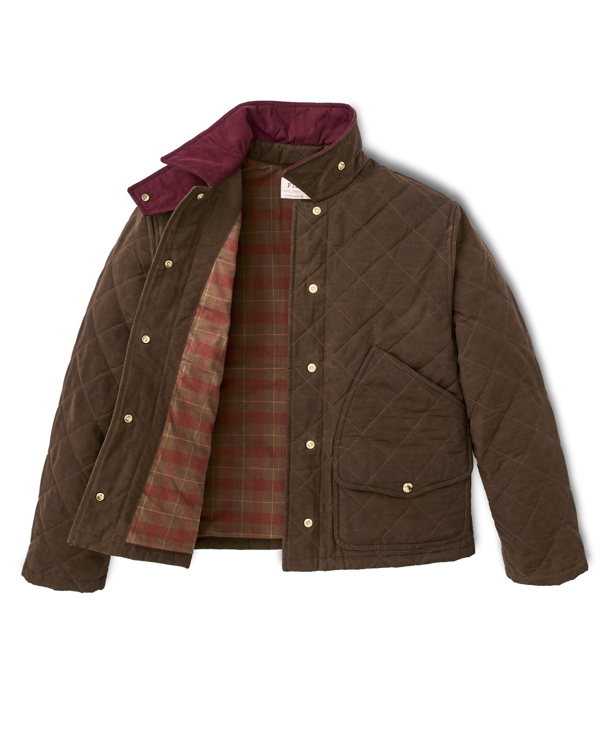 Filson Womens Quilted Outfitter Jacket Dark Brown relaxed fit finger length cut drawn from ranch coat designs womens western clothing