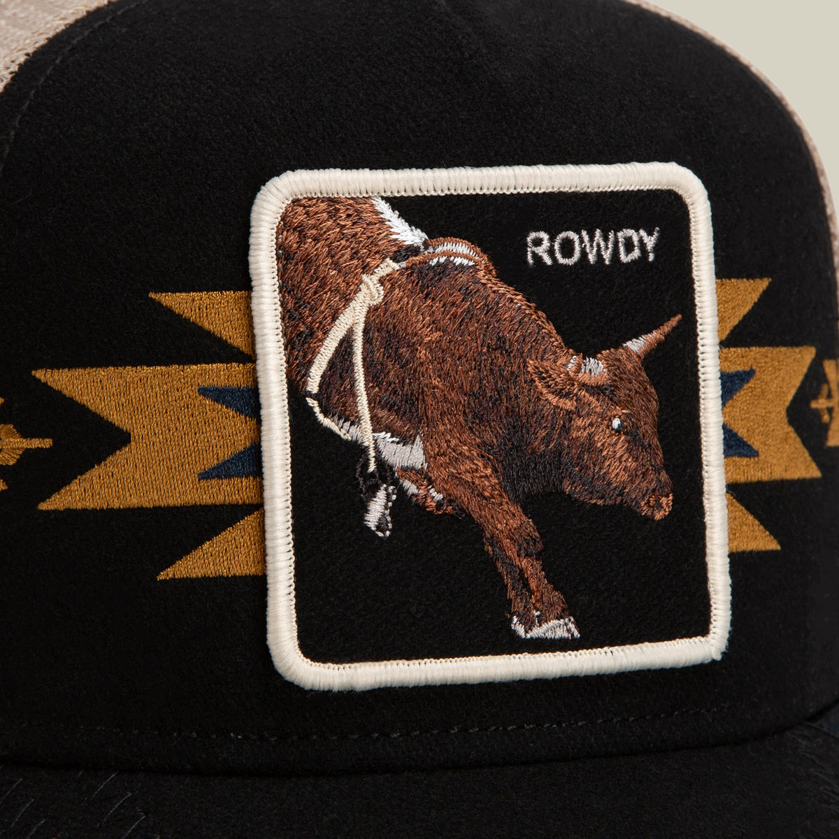 Goorin Bros Canyon Rowdy embroidered patch framed clean on the crown with tonal stitching western fashion