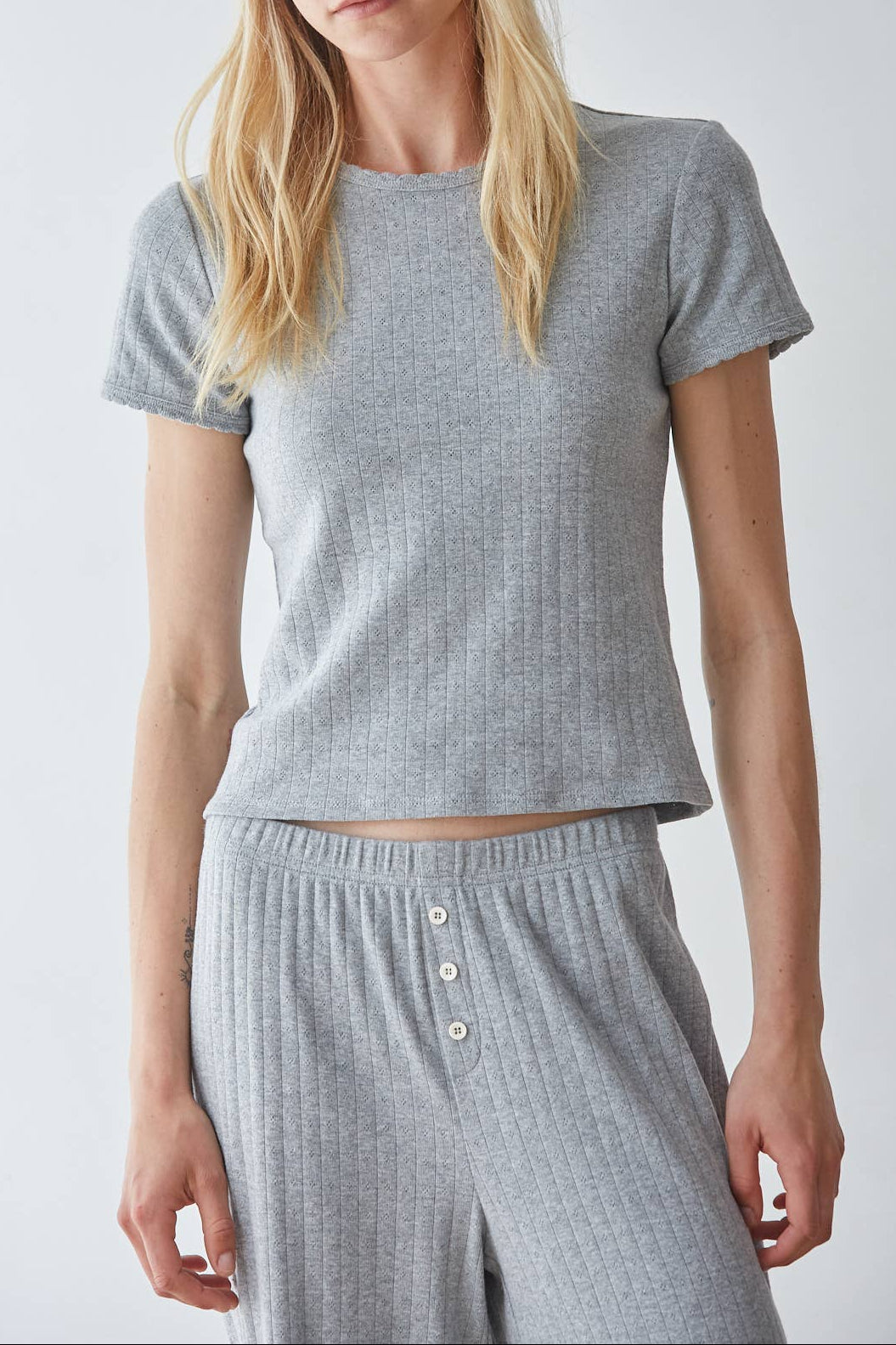By Together Knit Cotton Pointelle Short Sleeve Top heather grey pointelle knit short sleeve top with a round neck womens western boutique Utah SKU L10099T1